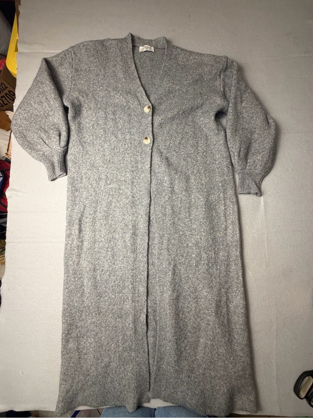 Long Gray V-Neck Button-Front Women's Cardigan S